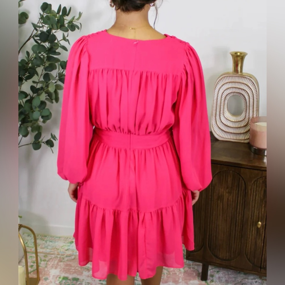 Hot Pink Long Sleeve Mini Dress | Tiered Ruffle Skirt | Balloon Sleeves | - Picture 2 of 6